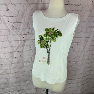 lucia burns sequin beaded palm tree Embellished White Tank womens XL resortwear